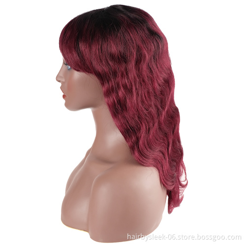 18 inches Wine Red Body Wave Wig With Bangs Brazilian Remy Human Hair Full Machine Made 100% Human Hair Wigs  for black woman